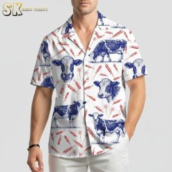Hawaiian cow print shirts with blue cow illustrations and red fireworks pattern