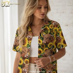 Cow print shirts specifications showing highland cattle and sunflower design details