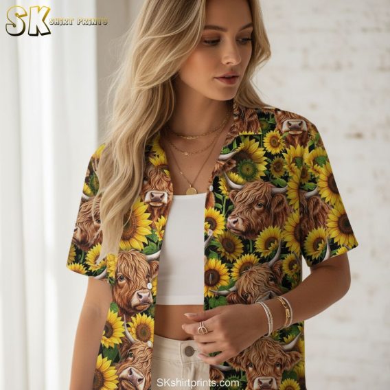 Cow print shirts specifications showing highland cattle and sunflower design details
