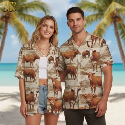 Cow print t shirt displaying rural farm scenes with cows, trees, and countryside elements