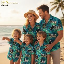 Cow print t-shirt collection showing multiple color variations of Hawaiian cow design