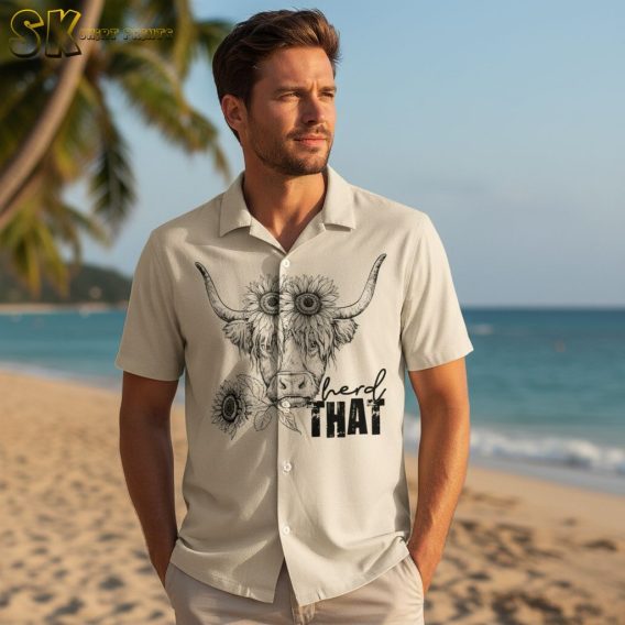 Multiple cow pattern Aloha shirts displayed side by side showing various cow designs and colors