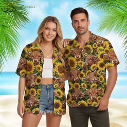 Cow shirt displaying highland cattle heads with sunflowers on green leafy background