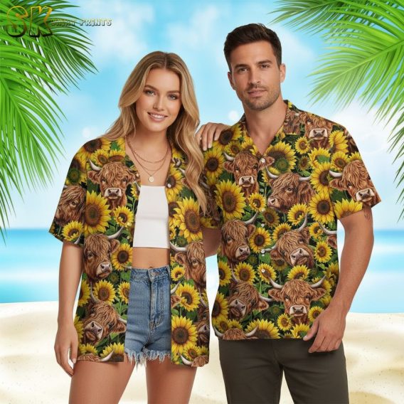 Cow shirt displaying highland cattle heads with sunflowers on green leafy background