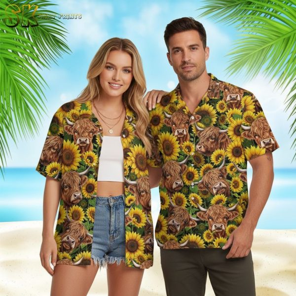 Highland Cow Sunflower Hawaiian Print Button Down Shirt for Men