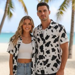 Lifestyle photo showing cow shirt mens style worn in relaxed outdoor vacation setting