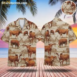 Men's Hawaiian cow shirt featuring farm animals, windmills, and pastoral scenes on button down design