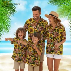 Cow tshirt collection featuring multiple highland cattle and sunflower Hawaiian designs