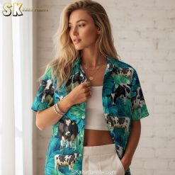 Cow t-shirt specifications showing size chart and product details for Hawaiian cow design