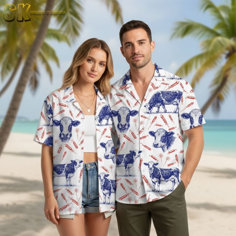 Cow Print Button Down Hawaiian Shirt with Fireworks Design – Men’s Short Sleeve Casual Summer Shirt