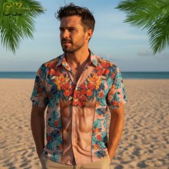 Collection display showing various crazy pattern Hawaiian shirts for men arranged side by side