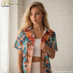 Size chart infographic showing measurements and fabric details for men's Hawaiian shirts