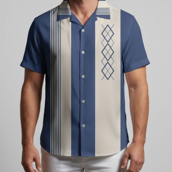 Female model showcasing custom bowling themed Aloha shirt with team logo placement areas visible