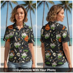 Woman wearing custom cat Hawaiian shirt with pumpkins, skulls, and Halloween designs