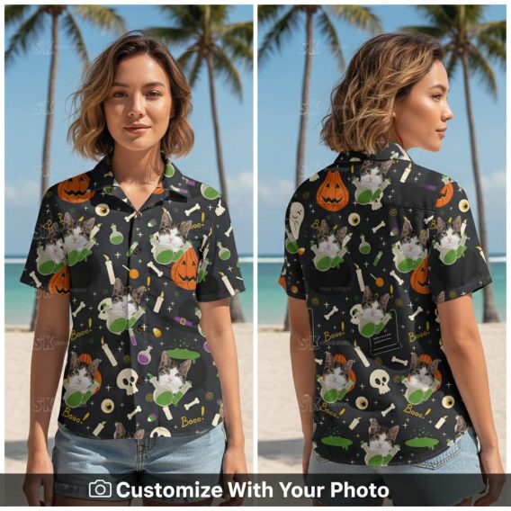 Woman wearing custom cat Hawaiian shirt with pumpkins, skulls, and Halloween designs