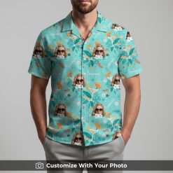 Man modeling personalized face Hawaiian shirt with sunglasses, floral and summer patterns