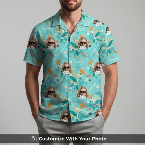 Man modeling personalized face Hawaiian shirt with sunglasses, floral and summer patterns