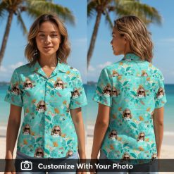 Woman wearing custom face Hawaiian shirt with sunglasses, orange leaves and summer text