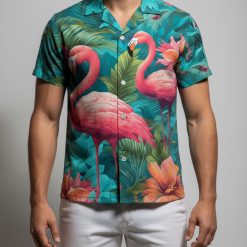Person modeling custom Hawaiian shirt with personalized face graphics and flamingo tropical print in casual pose