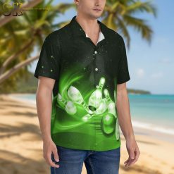 Multiple hawaiian bowling shirt designs displayed side by side showing various tropical and tiki patterns