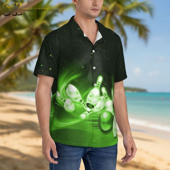 Multiple hawaiian bowling shirt designs displayed side by side showing various tropical and tiki patterns