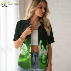 Specs infographic showing size chart, fabric details and feature callouts for hawaiian bowling shirts