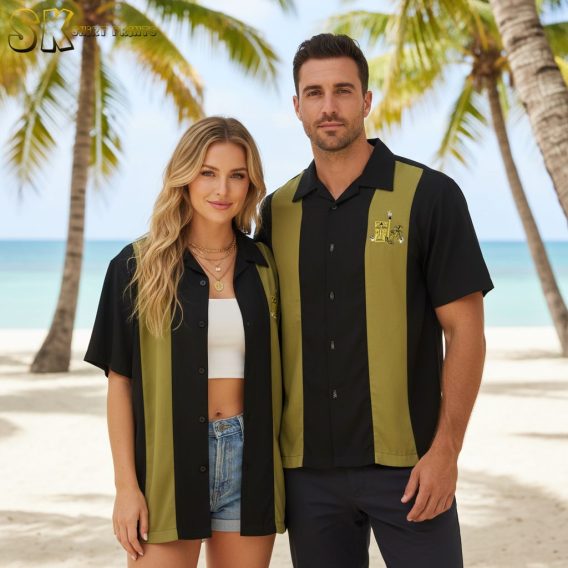 Custom tiki Hawaiian shirt worn by model showcasing personalized bowling team design elements