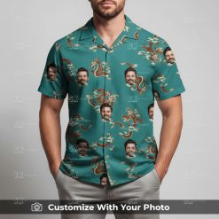 Man wearing custom teal Hawaiian shirt with orange dragon design and cloud accents
