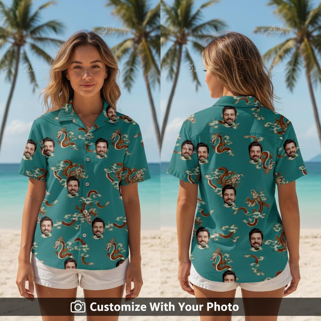 Woman in custom teal Hawaiian shirt with red dragon and cloud patterns smiling outdoors
