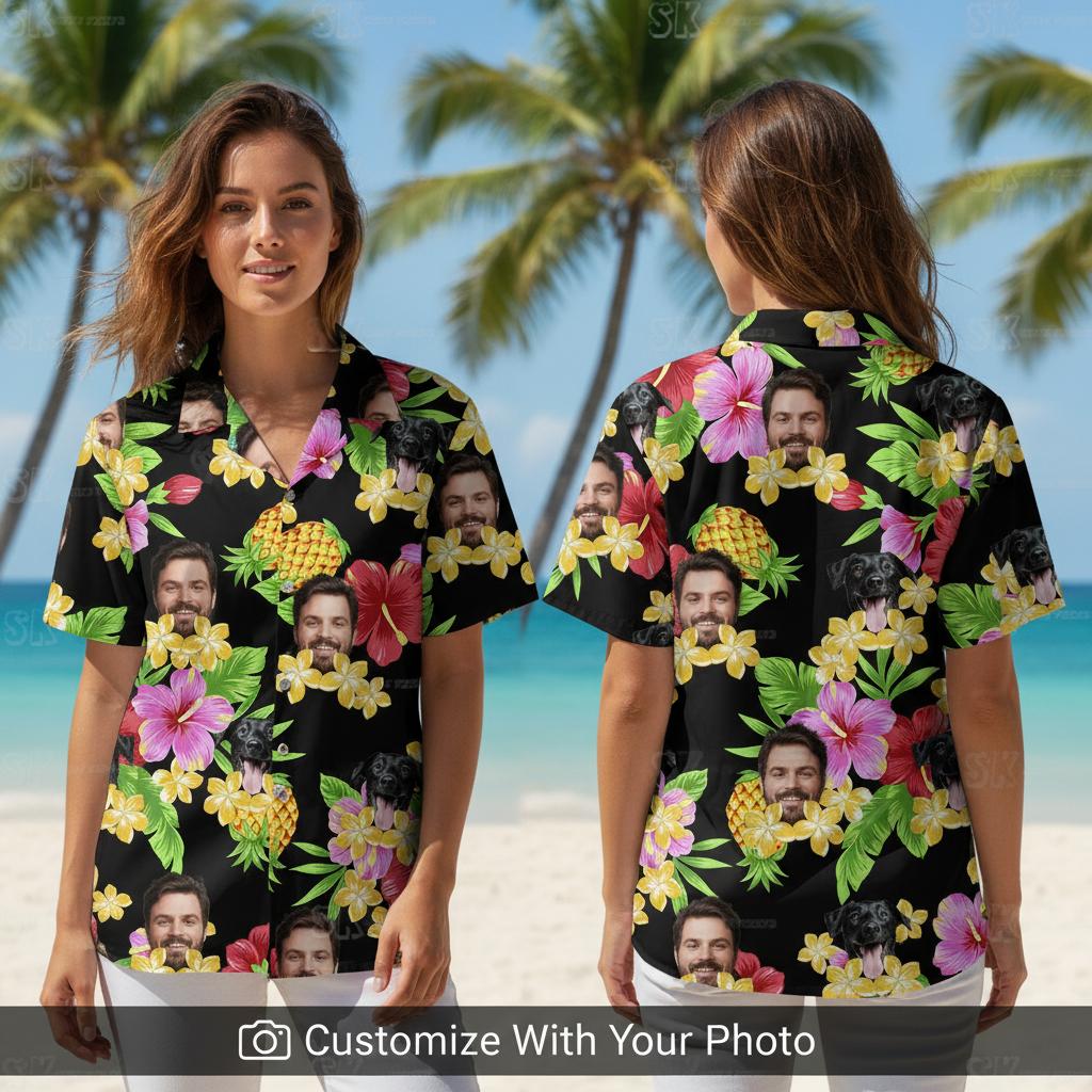Woman smiles in custom Hawaiian shirt with her black dog and colorful tropical flowers.