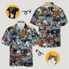 Person wearing hawaiian shirt car pattern with vintage automobiles dogs and cats