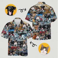 Person wearing hawaiian shirt car pattern with vintage automobiles dogs and cats