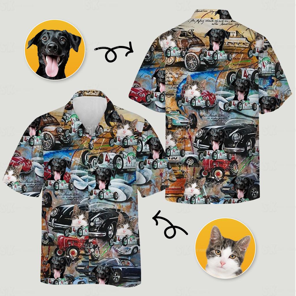 Person wearing hawaiian shirt car pattern with vintage automobiles dogs and cats