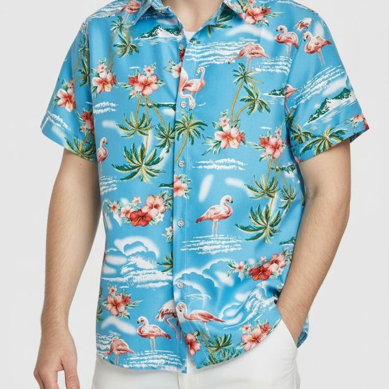 Person modeling personalized flamingo aloha shirt with custom face print feature