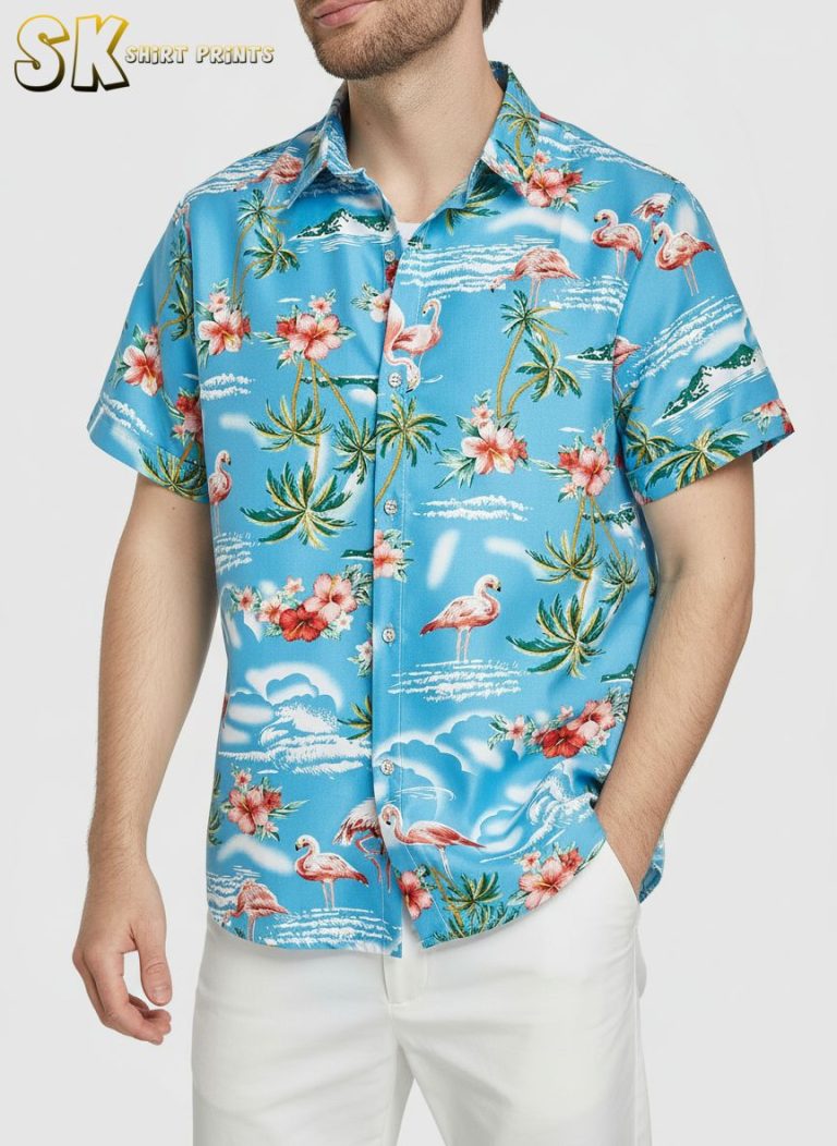 Flamingo Beach Shirt for Men – Pink Flamingo Hawaiian Shirt Short Sleeve Button Down Summer Tropical Aloha Shirt