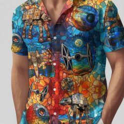 Model posing in custom Star Wars Hawaiian shirt UK style with galaxy print design in casual lifestyle photo