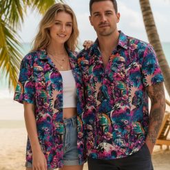 Person wearing custom Star Wars Hawaiian shirt with multiple character designs in relaxed vacation pose