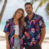 Model wearing Darth Vader aloha shirt with tropical dark side pattern in outdoor casual pose