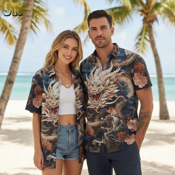 Person wearing D&D fantasy themed aloha shirt in relaxed outdoor lifestyle photo