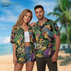 Male wearing dinosaur aloha shirt in vacation-themed lifestyle scene