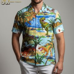 Dinosaur button shirt for men in casual short sleeve Hawaiian style with colorful print