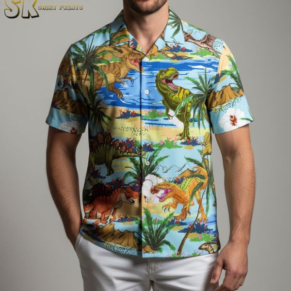 Dinosaur Hawaiian Shirt Men Short Sleeve Button Down Jurassic Print Shirt for Adults