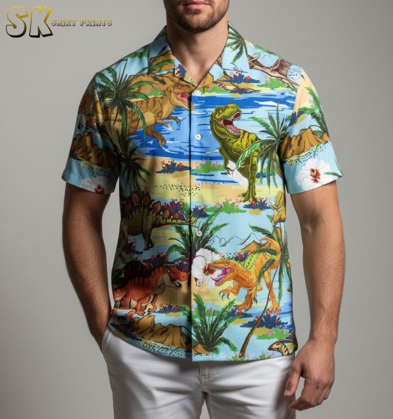 Dinosaur Hawaiian Shirt Men Short Sleeve Button Down Jurassic Print Shirt for Adults