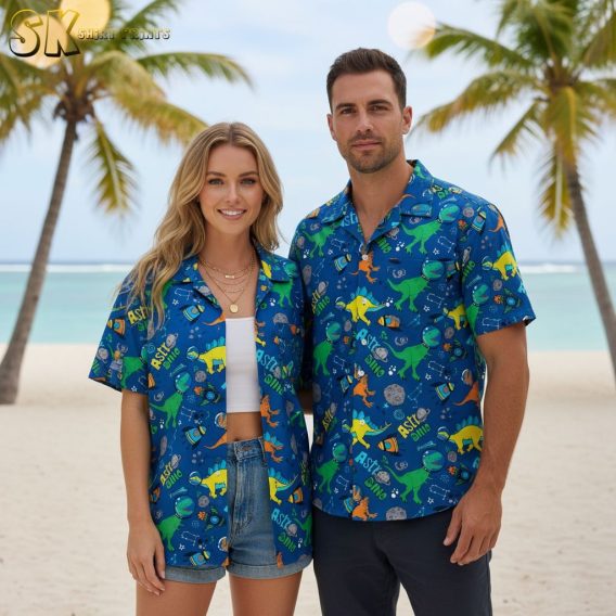 Green dinosaur button shirt with jungle pattern and tropical dinosaur graphics