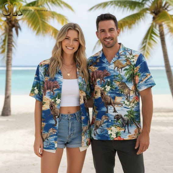 Short sleeve dinosaur button shirt with colorful tropical dinosaur print