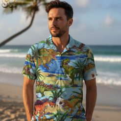 Dinosaur button up shirt collection showing multiple color options and Hawaiian print variations