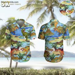 Dinosaur button up shirt for men with colorful prehistoric print design short sleeve hawaiian style