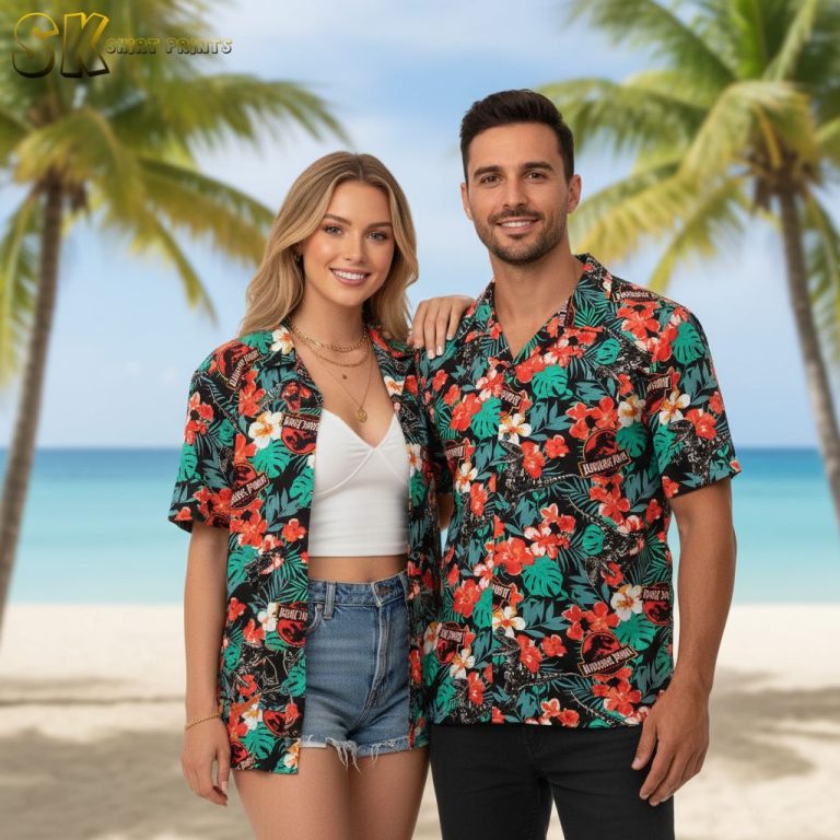 Jurassic Park Dinosaur Hawaiian Shirt Men’s Button Down T-Rex Print Tropical Shirt