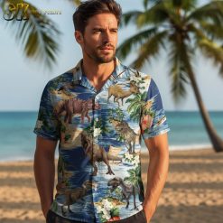 Collection overview showing multiple mens dinosaur Hawaiian shirt designs displayed side by side with different patterns