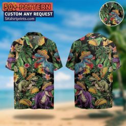 Male model wearing hawaiian shirt with dinosaurs print in outdoor lifestyle setting